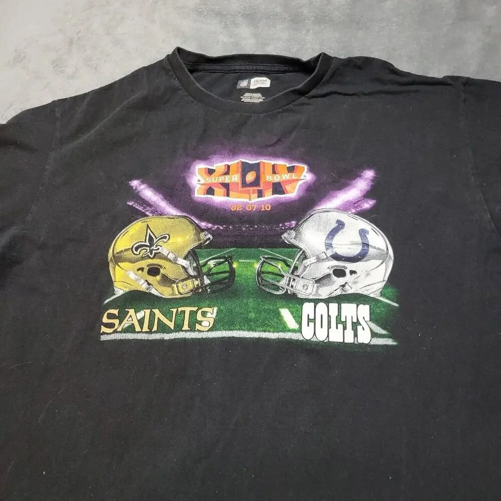 Colts Saints Shirt Mens Large Short Sleeve Black Super Bowl XLIV 2010‎ Logo Top